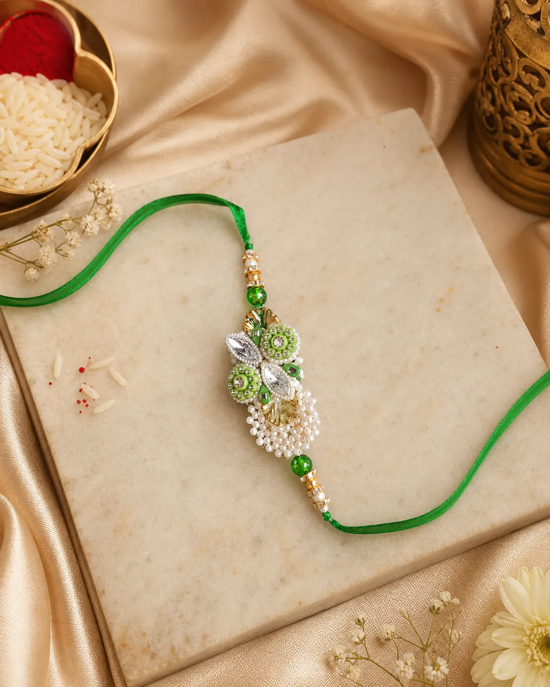 Green Floral Pearl Rakhi